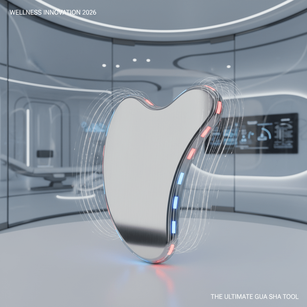 Brushed metal gua sha tool with LED glow in a modern wellness setting.