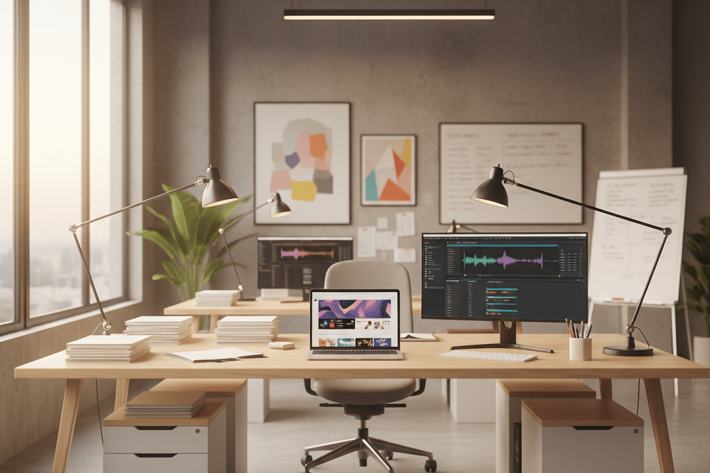Wide shot of a creative studio desk setup with generic materials under natural and ambient lighting