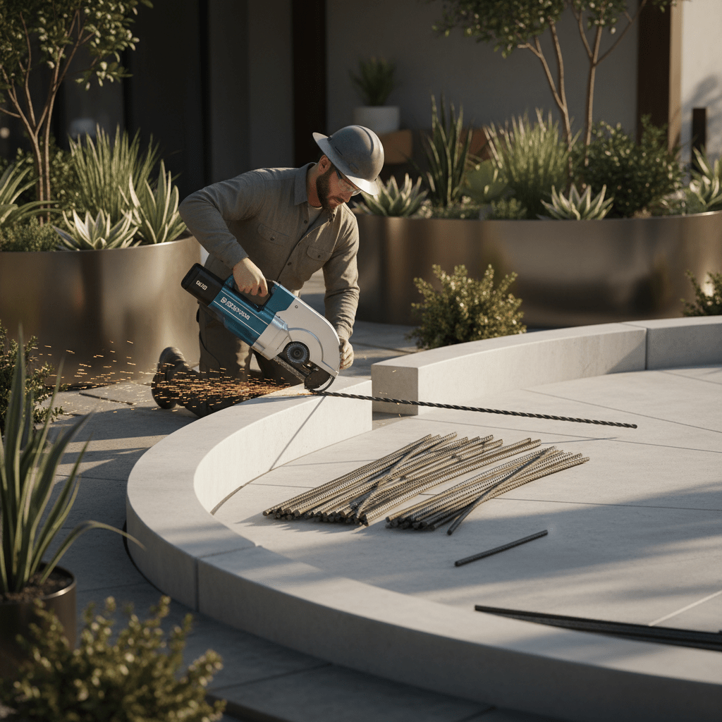 Worker shapes rebar with battery saw at modern outdoor construction site.