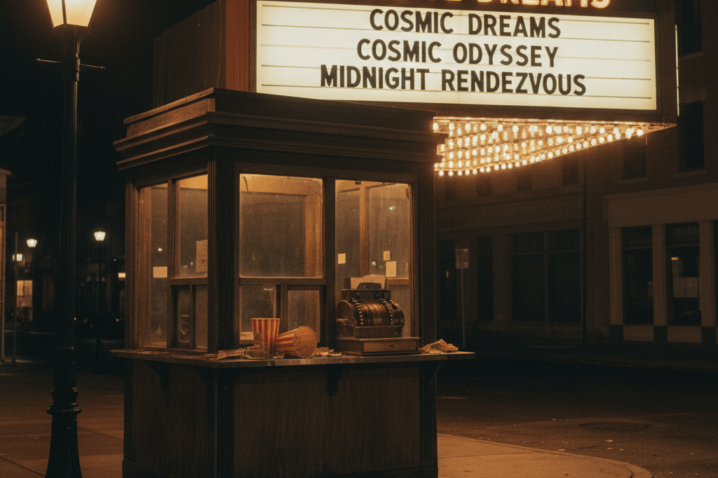 Wide shot of a vintage movie theater ticket booth at night, lit by street lamps and marquee glow, symbolizing nostalgia in cinema