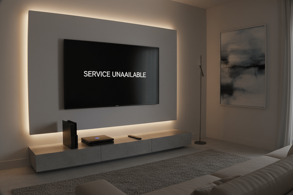 TV showing error message with gaming console and remote under ambient indoor light, illustrating service downtime