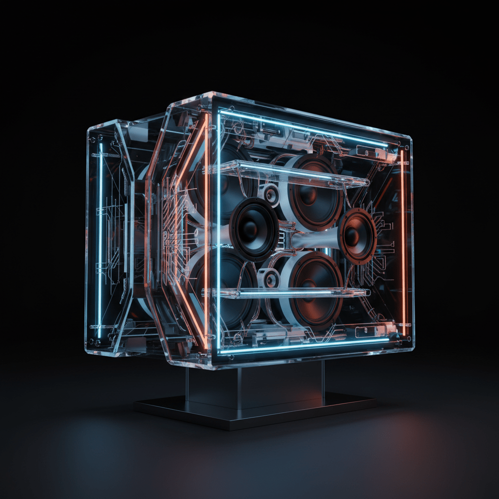 Futuristic speaker box with intricate components visible through layered acrylic panels.