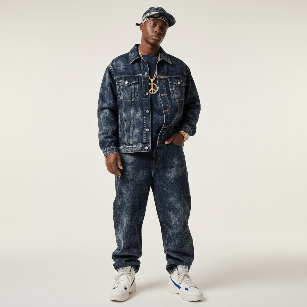 Eco-friendly hip hop fashion: oversized recycled denim jacket and loose jeans with acid wash.