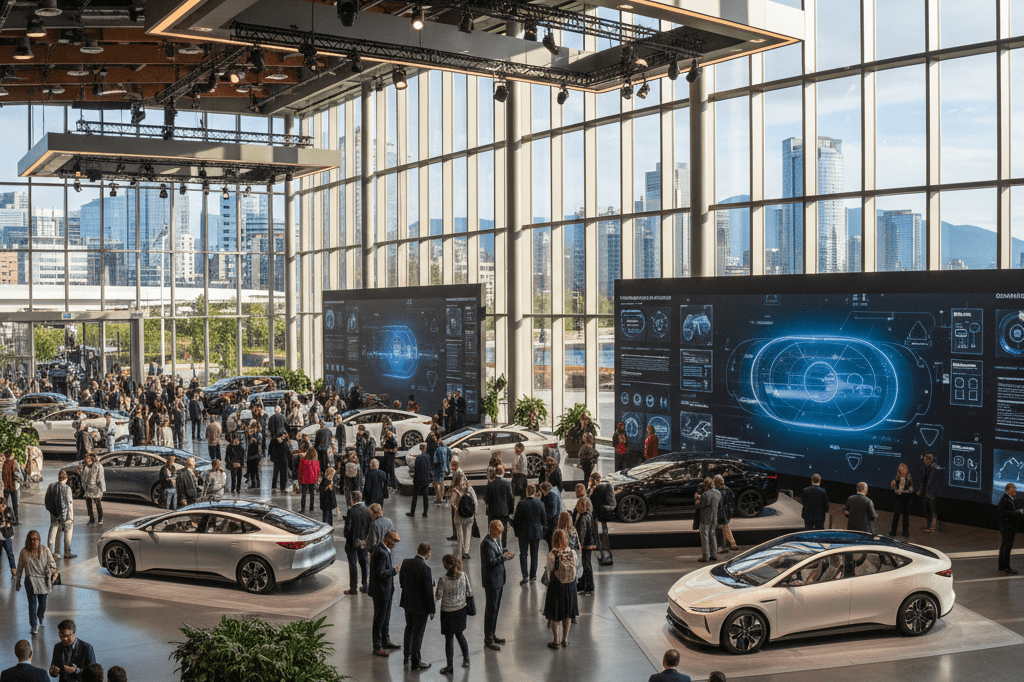 Wide shot of modern car displays and engaged attendees under natural and ambient light at a reimagined auto show