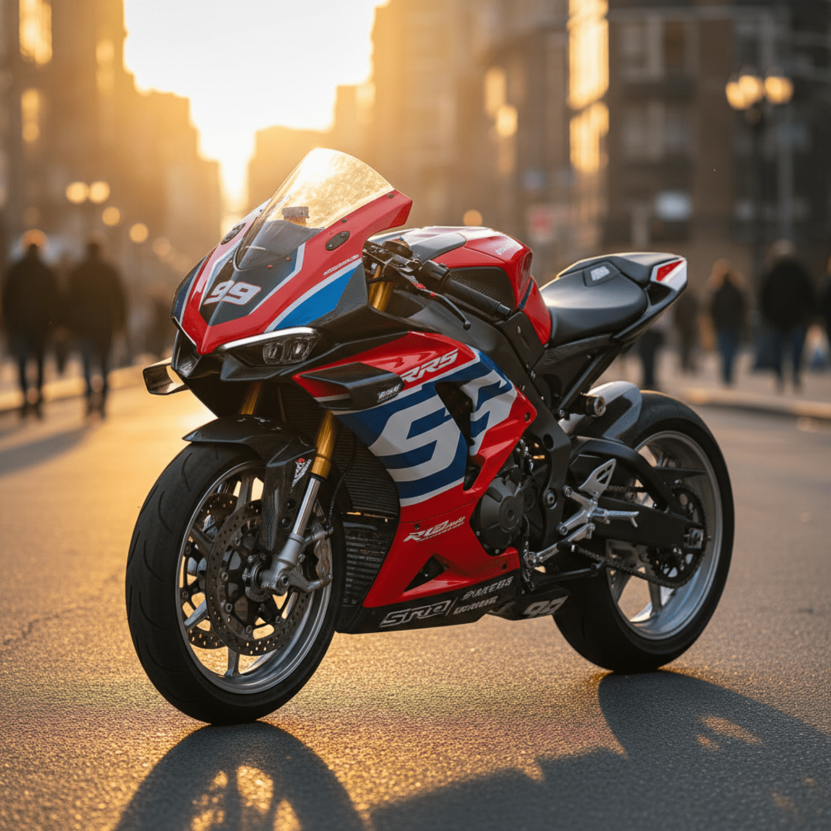 Sleek sport bike with red and blue graphics parked on an urban street at sunset.