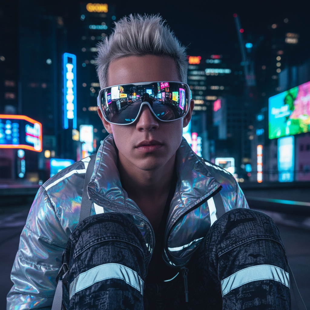 Male model with iridescent shield sunglasses in neon-lit urban setting.