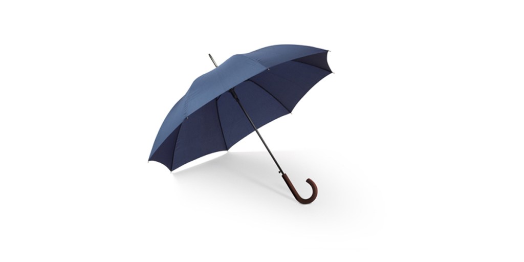 A spread out umbrella with a curved handle