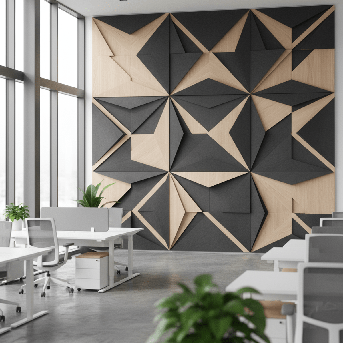Modern office with matte charcoal and light oak acoustic panels featuring biomimetic shapes.