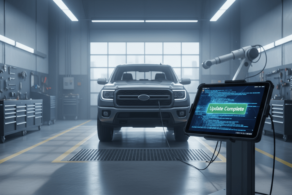 Pickup truck in workshop with tablet showing software update, illustrating remote recall management