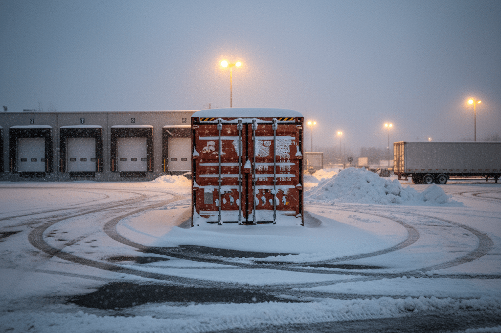 Medium shot of a weathered shipping container covered in snow on an icy loading dock at dusk with ambient yard lighting