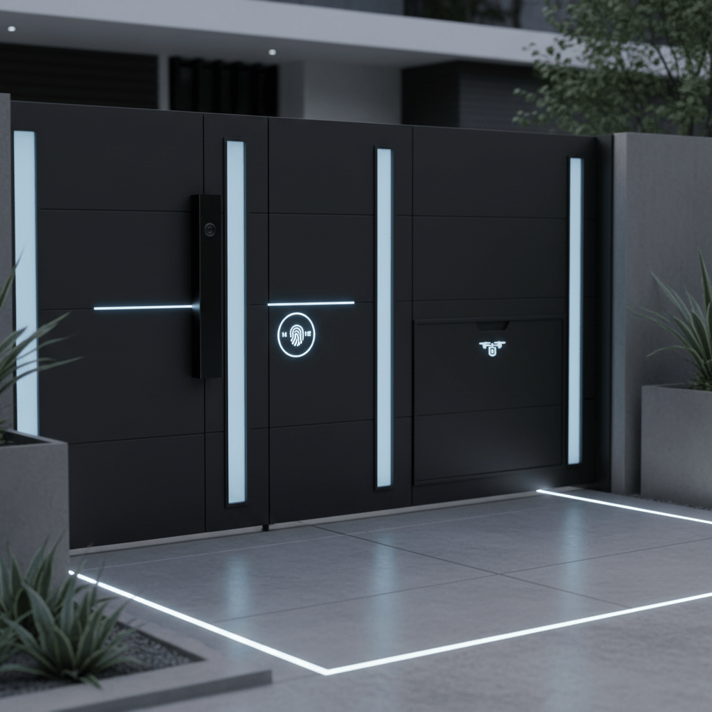 Futuristic residential gate with matte black aluminum, glass inlays, and hidden tech.