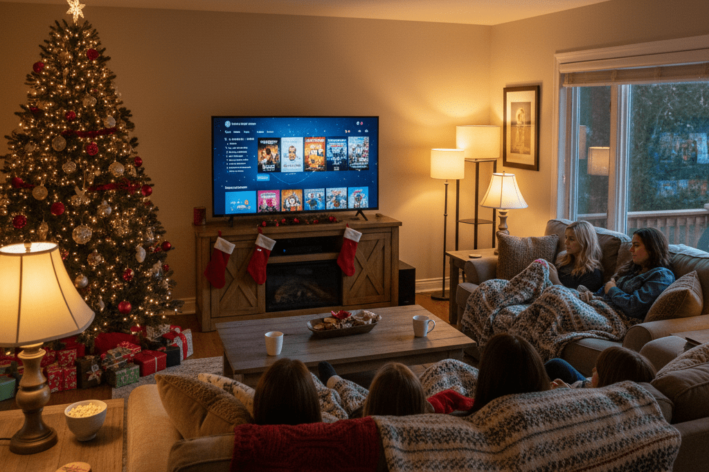 Living room with family watching TV near a Christmas tree, showcasing festive seasonal viewing traditions