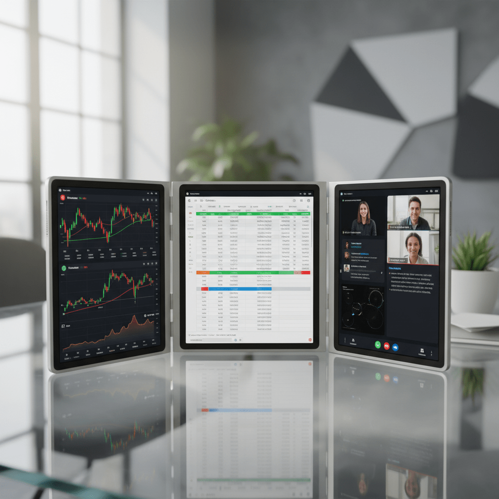 Ultra-thin folding tablet unfolds to a massive 15-inch display with seamless panels.