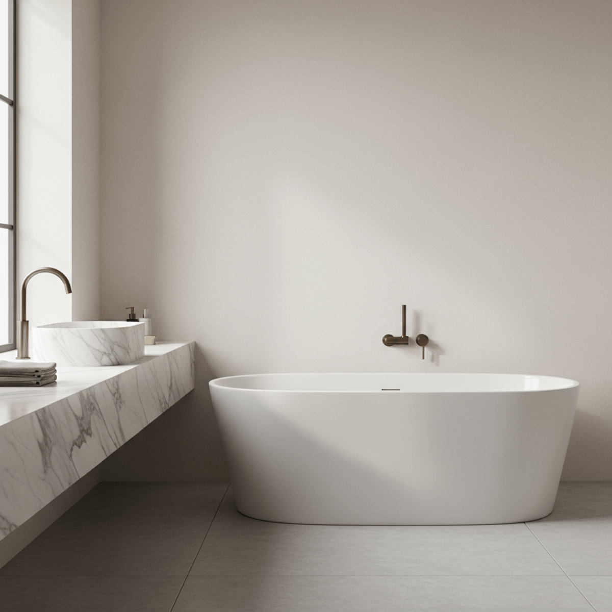 Sculptural tub, marble sink, geometric faucet in minimalist bathroom. Contemporary bathroom with sculptural tub, veined marble sink, and geometric bronze faucet.