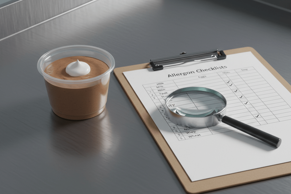Unbranded chocolate mousse container on steel table with checklist and magnifying glass under warehouse lighting