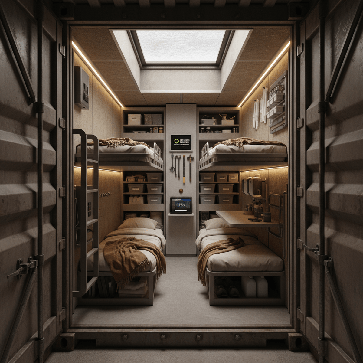 Efficient underground bunker interior with sleeping area for four, soft LED lighting.