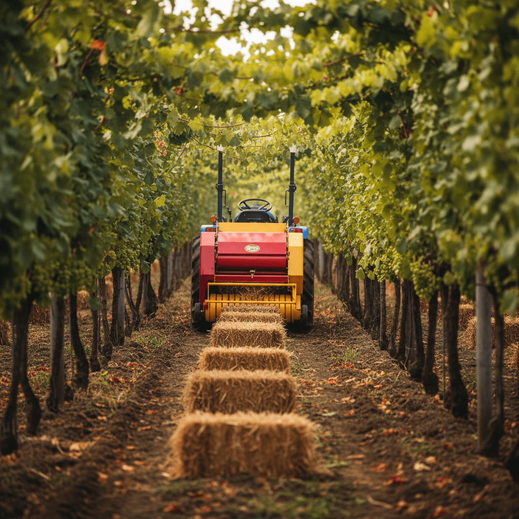 Vineyard tractor with mini round baler collecting hay between lush grapevines.