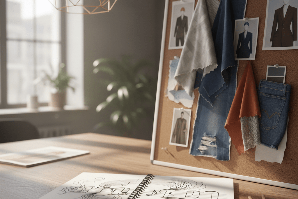 Stylish workspace featuring abstract music notes and fabric swatches under natural light, symbolizing boundary-breaking partnerships in art and commerce