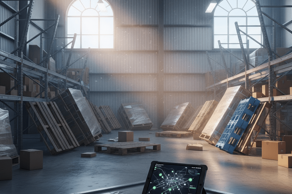 Modern warehouse with shifted shelves and dust under natural light, illustrating supply chain vulnerability after earthquake