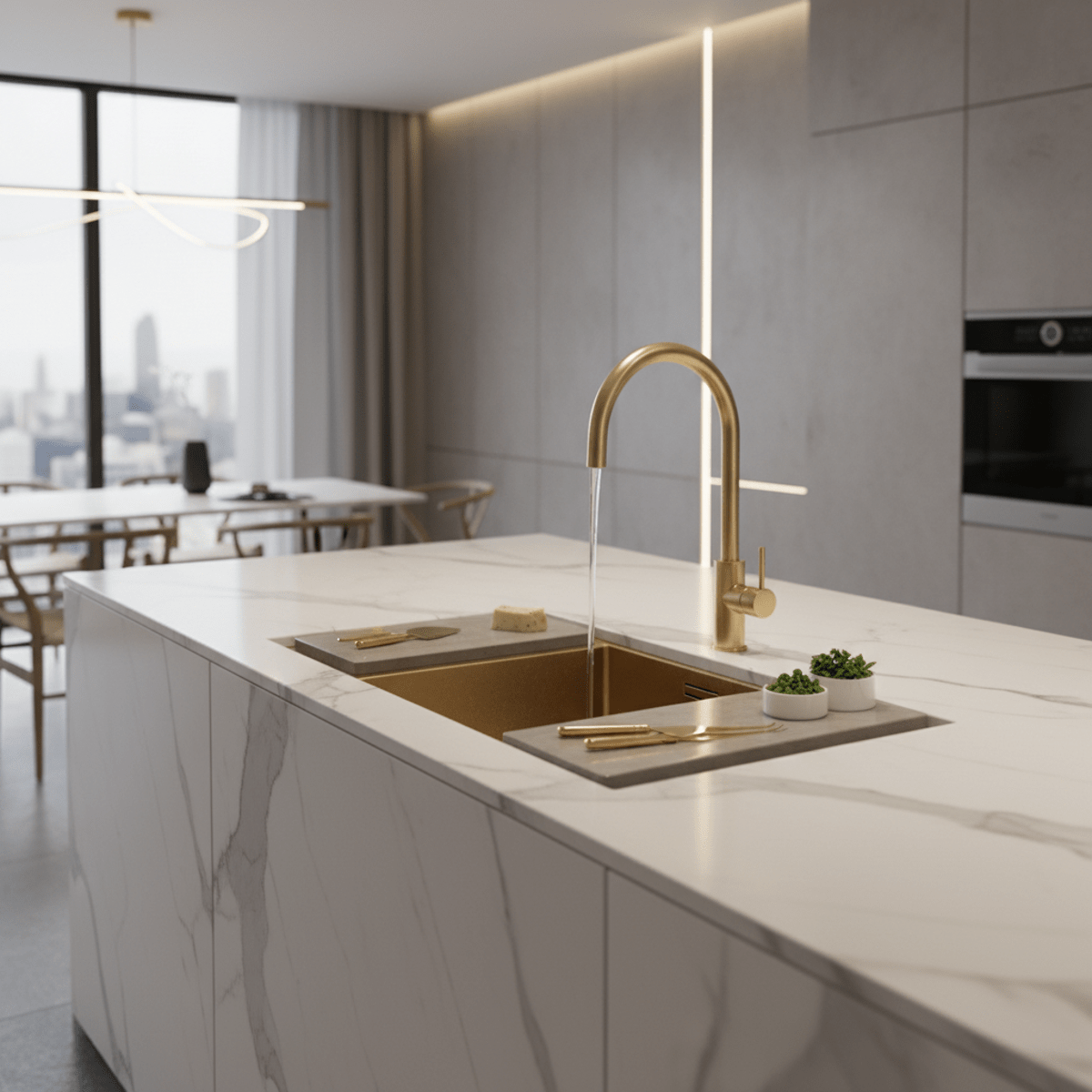 Modern brushed gold waterfall sink on a white marble island with gourmet accessories.