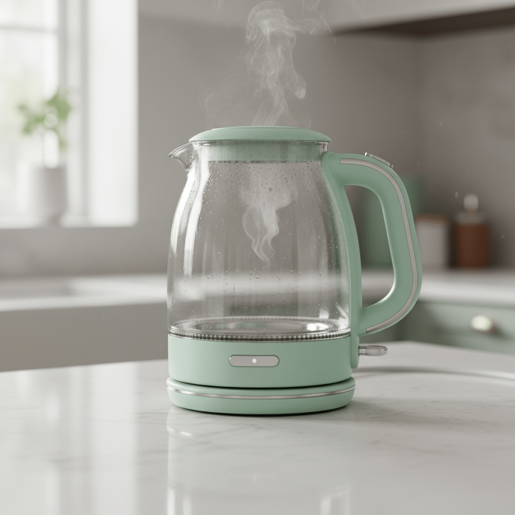 Retro electric glass kettle with mint green handle on a polished kitchen countertop.