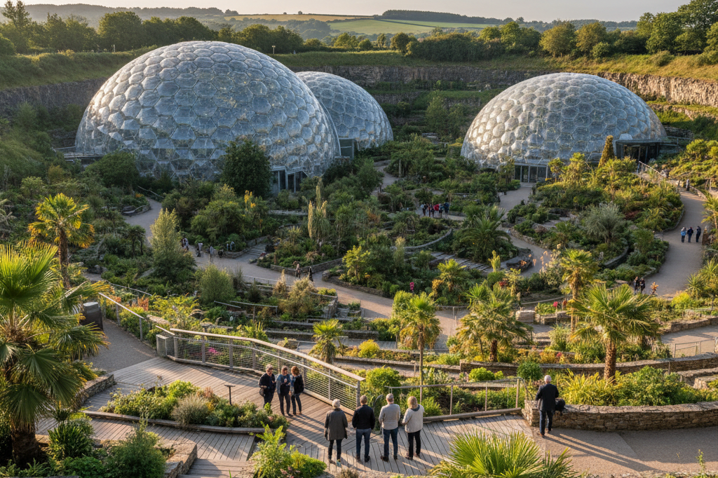 Wide-angle photo of Eden Project biomes with pathways and greenery under natural lighting