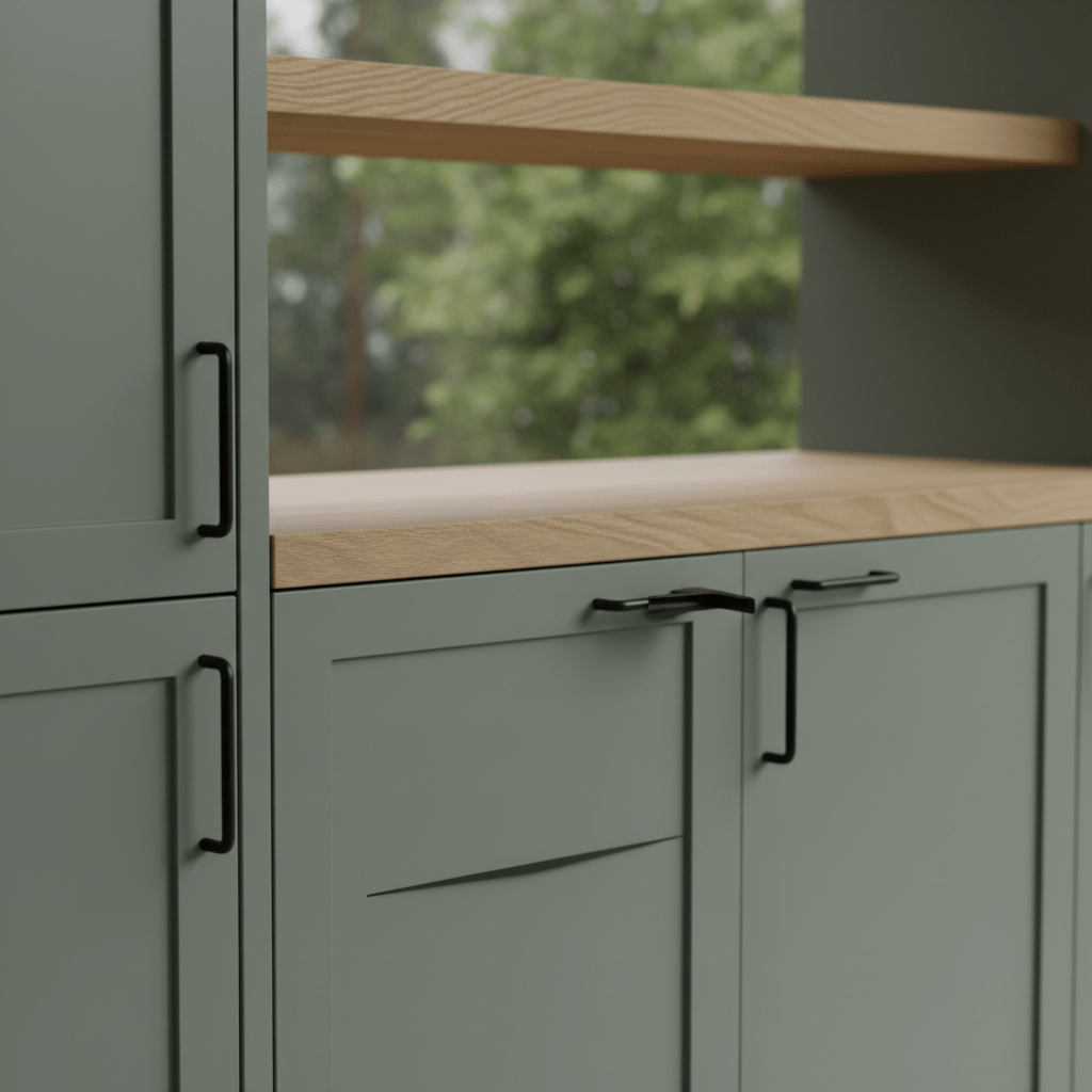 Muted sage gray cabinets, oak shelf, and black hardware in minimalist Japandi kitchen.