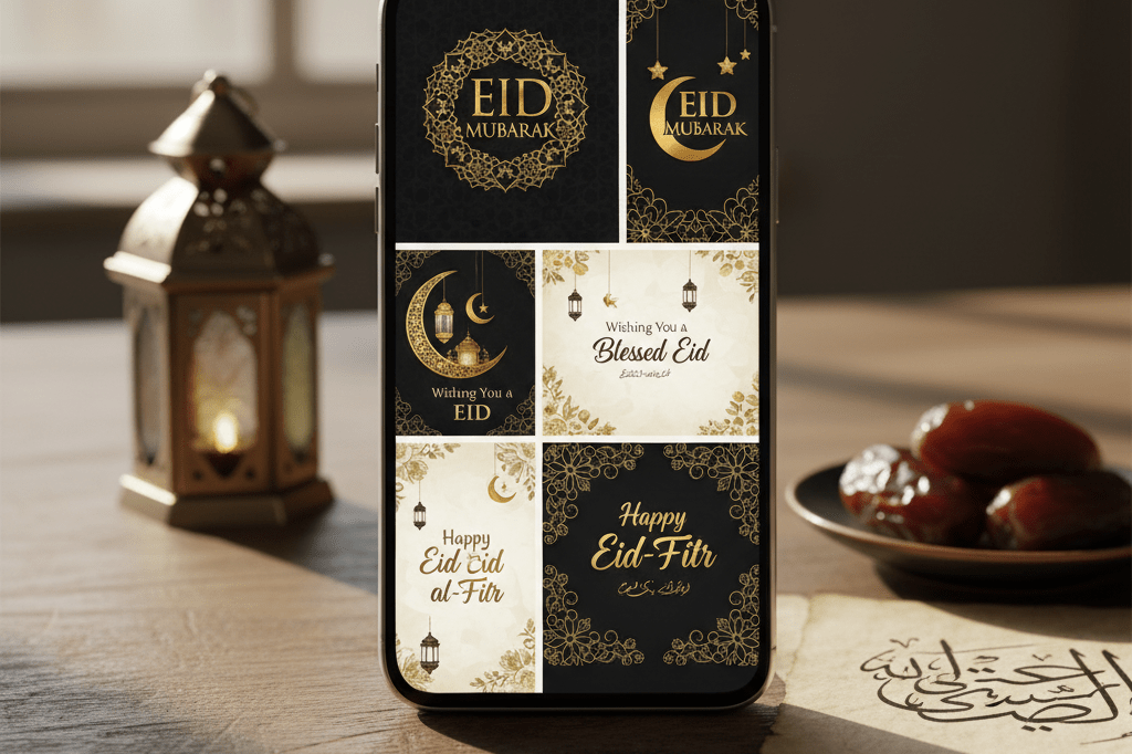 Close-up view of a smartphone showing festive Eid messages alongside traditional decor under natural lighting