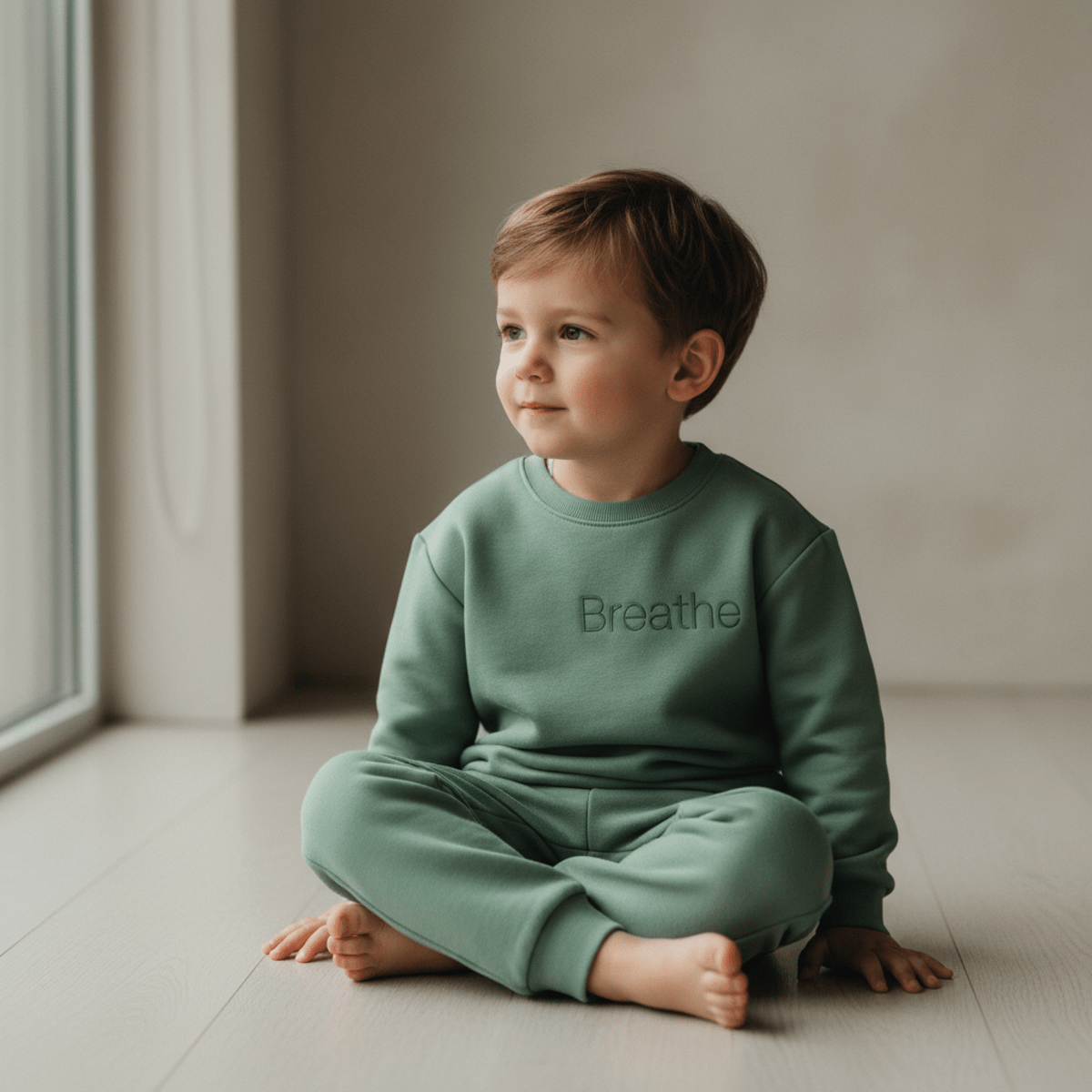 Child sits cross-legged in a solid sage sweatsuit with 'Breathe' embroidery.