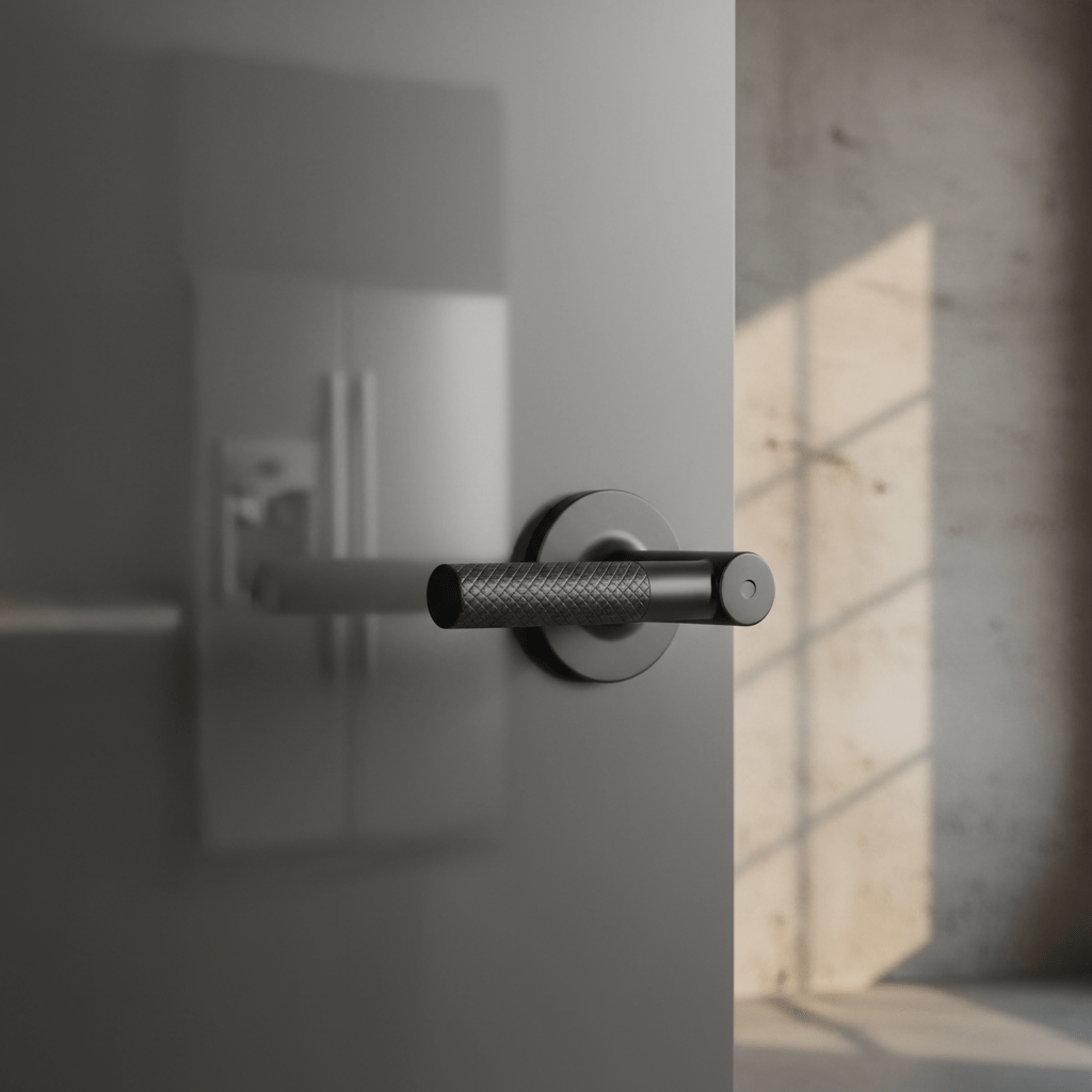 Matte black knurled T-bar door knob on a charcoal grey interior door with industrial kitchen accents.