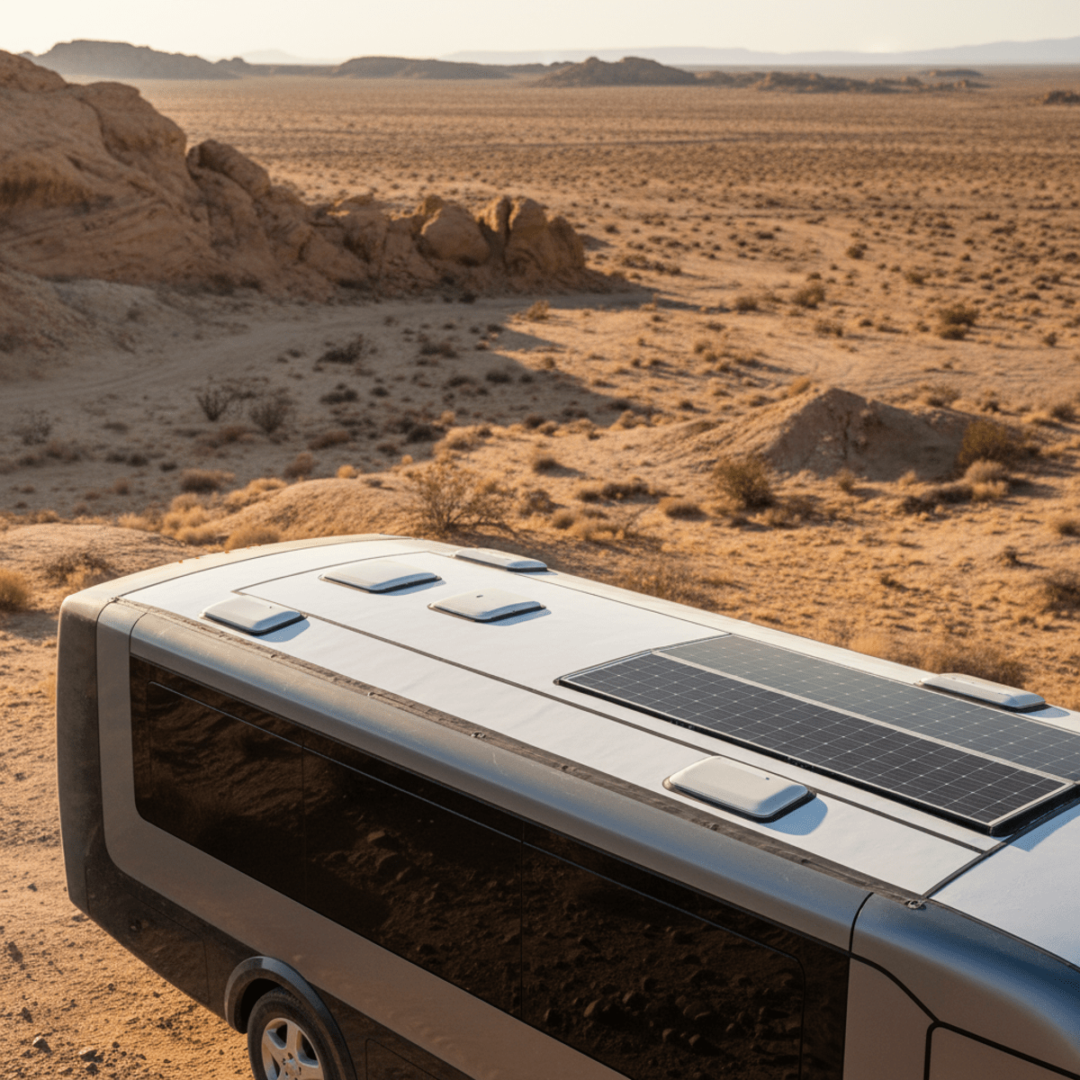 Modern RV with white solar coating parked in a scenic desert landscape.