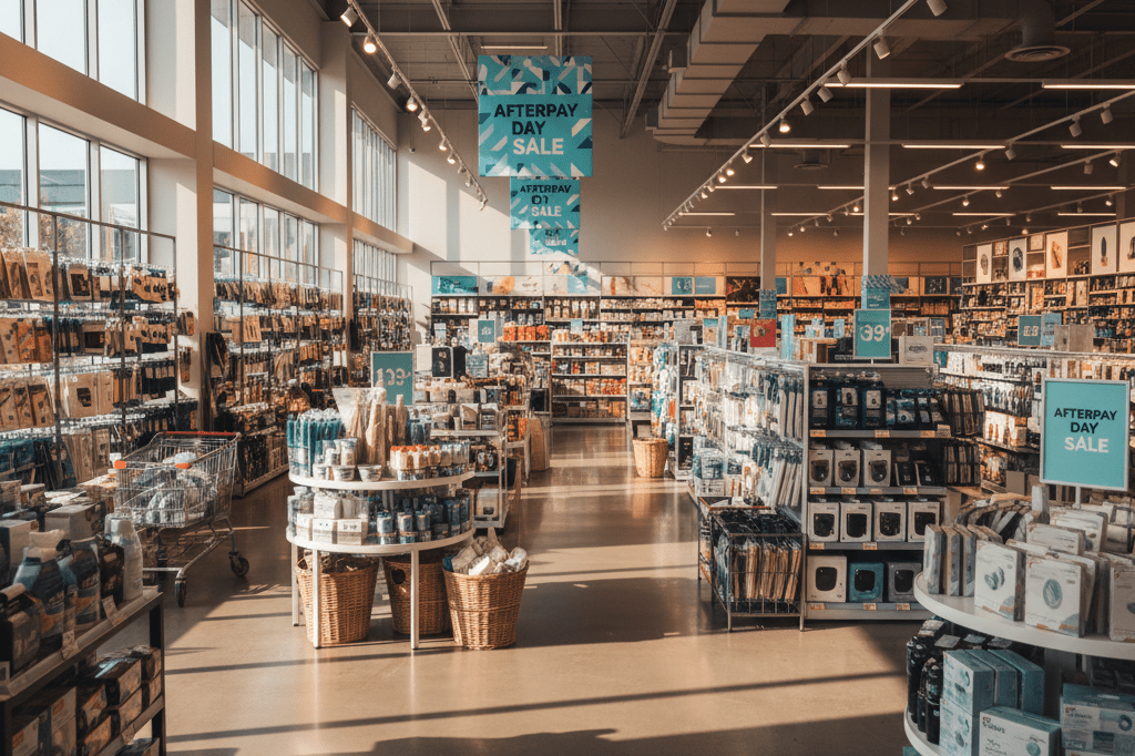 Wide shot of a busy retail store with shoppers’ carts and baskets amidst well-stocked displays, capturing the energy of modern sales events