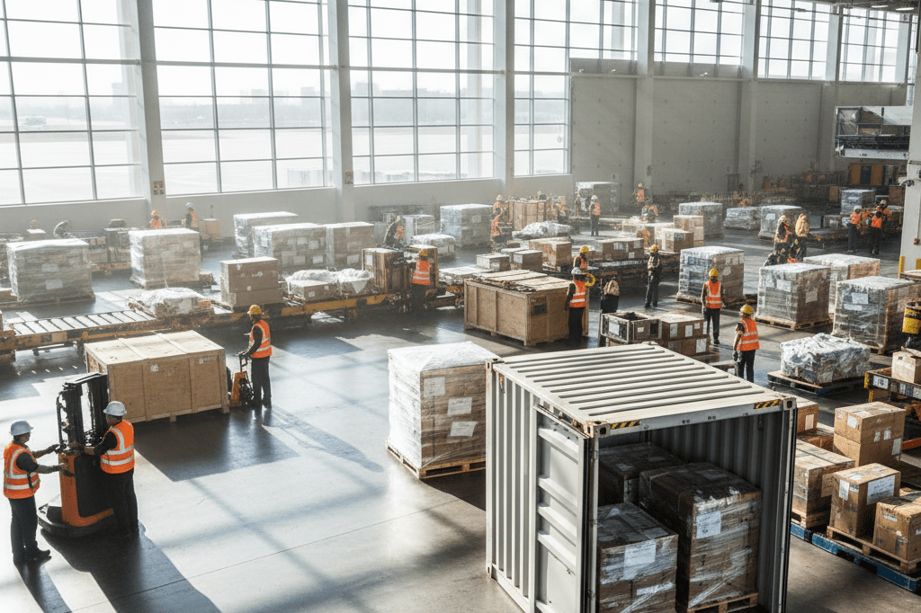 Wide shot of an active airport cargo zone featuring workers handling shipments under mixed lighting conditions
