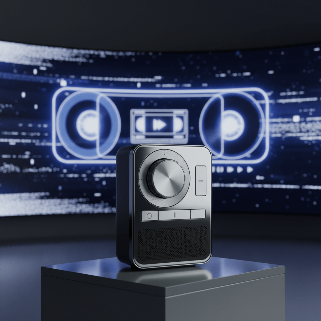 Modern gadget in a retro VCR scene with tape animation and static.