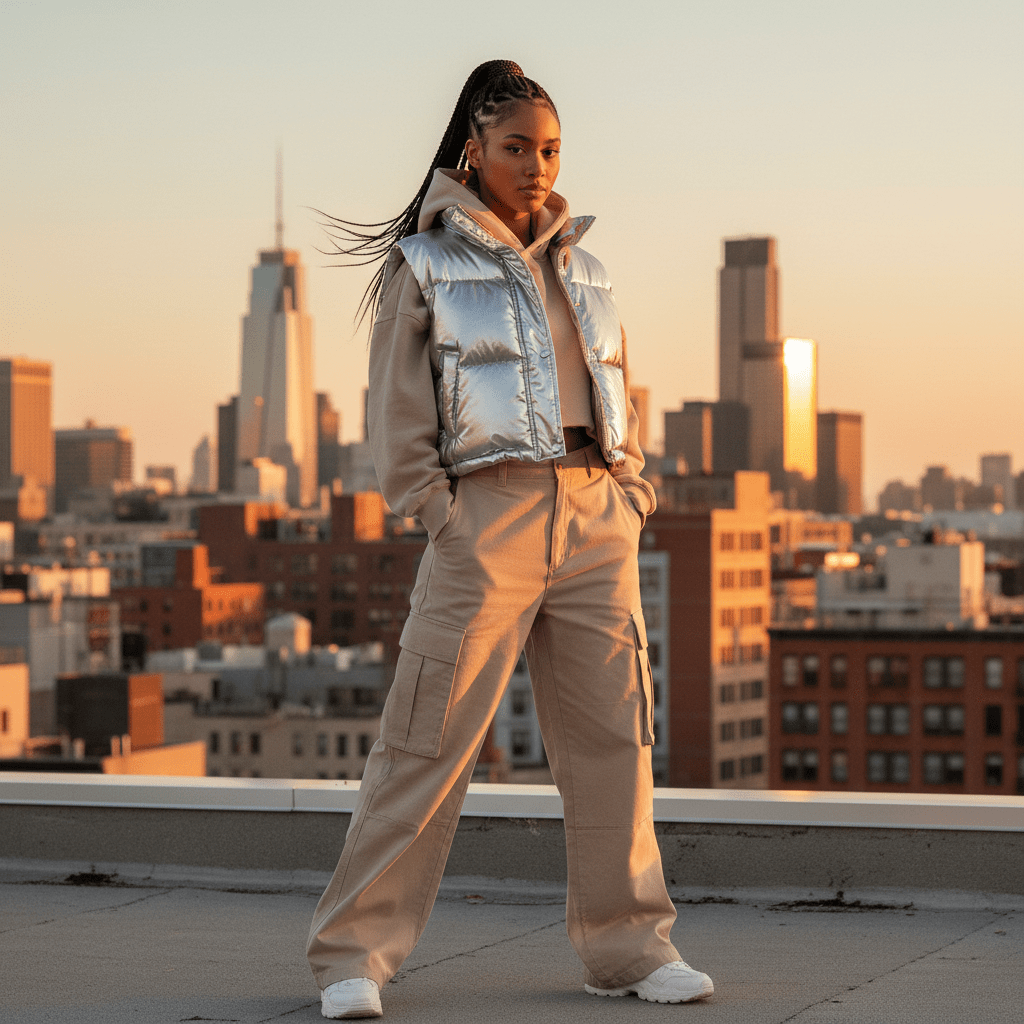 Model wears metallic puffer vest and cargo pants on city rooftop at golden hour.