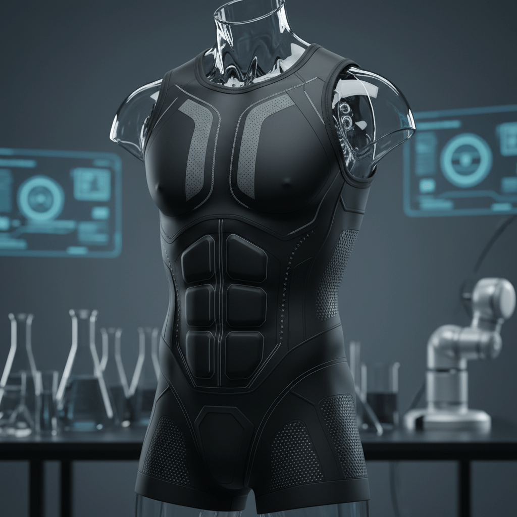 Ultra-realistic futuristic men's compression body shaper in matte black phase-change fabric.