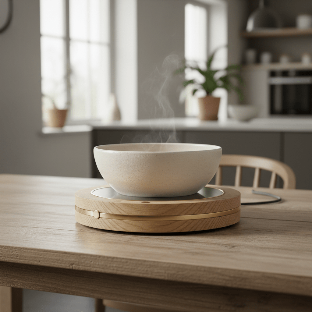Hand-thrown ceramic soup warmer with light ash wood base on a dining table.