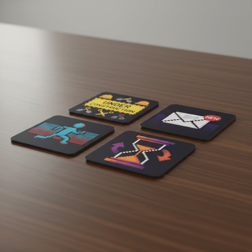 Animated pixel art coasters with retro internet icons Animated pixel art coasters on wood, showing early internet icons with motion effect.