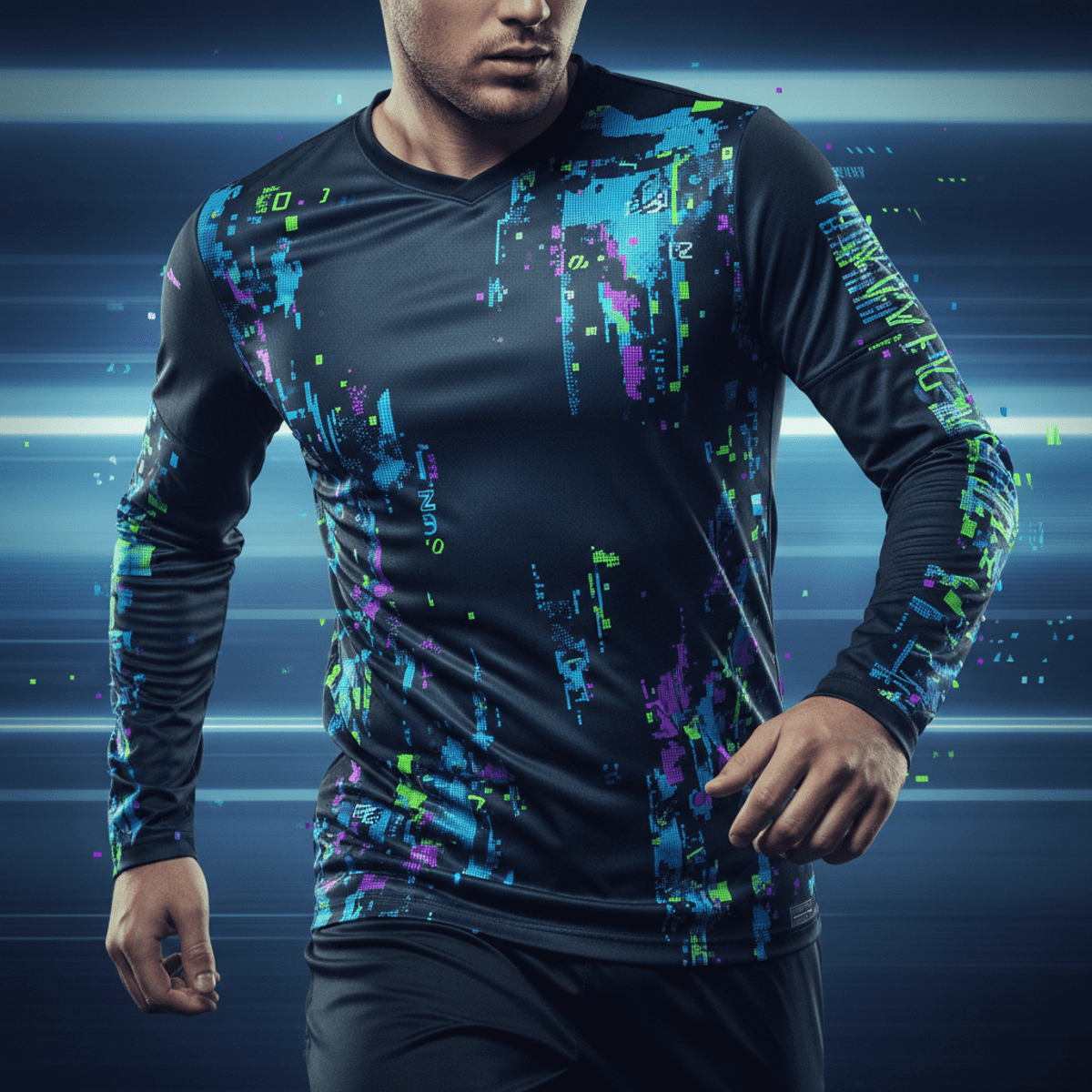 Futuristic soccer jersey with digital glitch patterns on dark matte fabric.