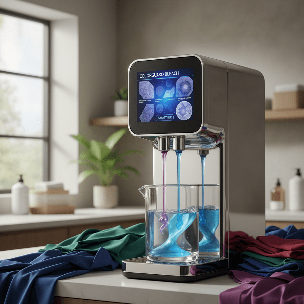 Modern home bleaching system with glowing interface and precise liquid streams.