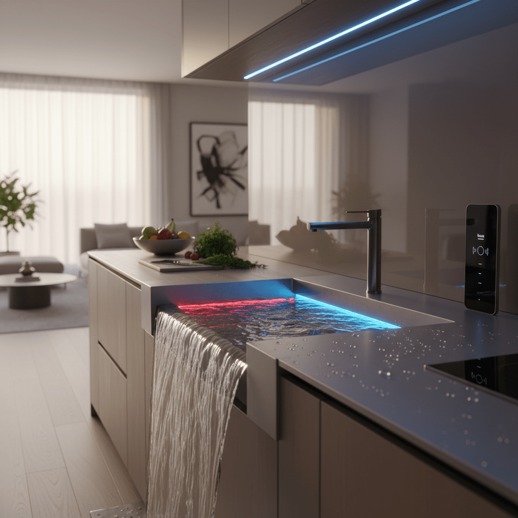 Modern waterfall kitchen sink with brushed aluminum, LED lights, and voice control.