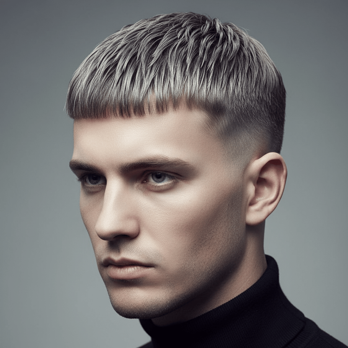 Sharp futuristic Caesar cut with textured crown and skin fade. Man with a sharp, textured futuristic Caesar cut and high skin fade.