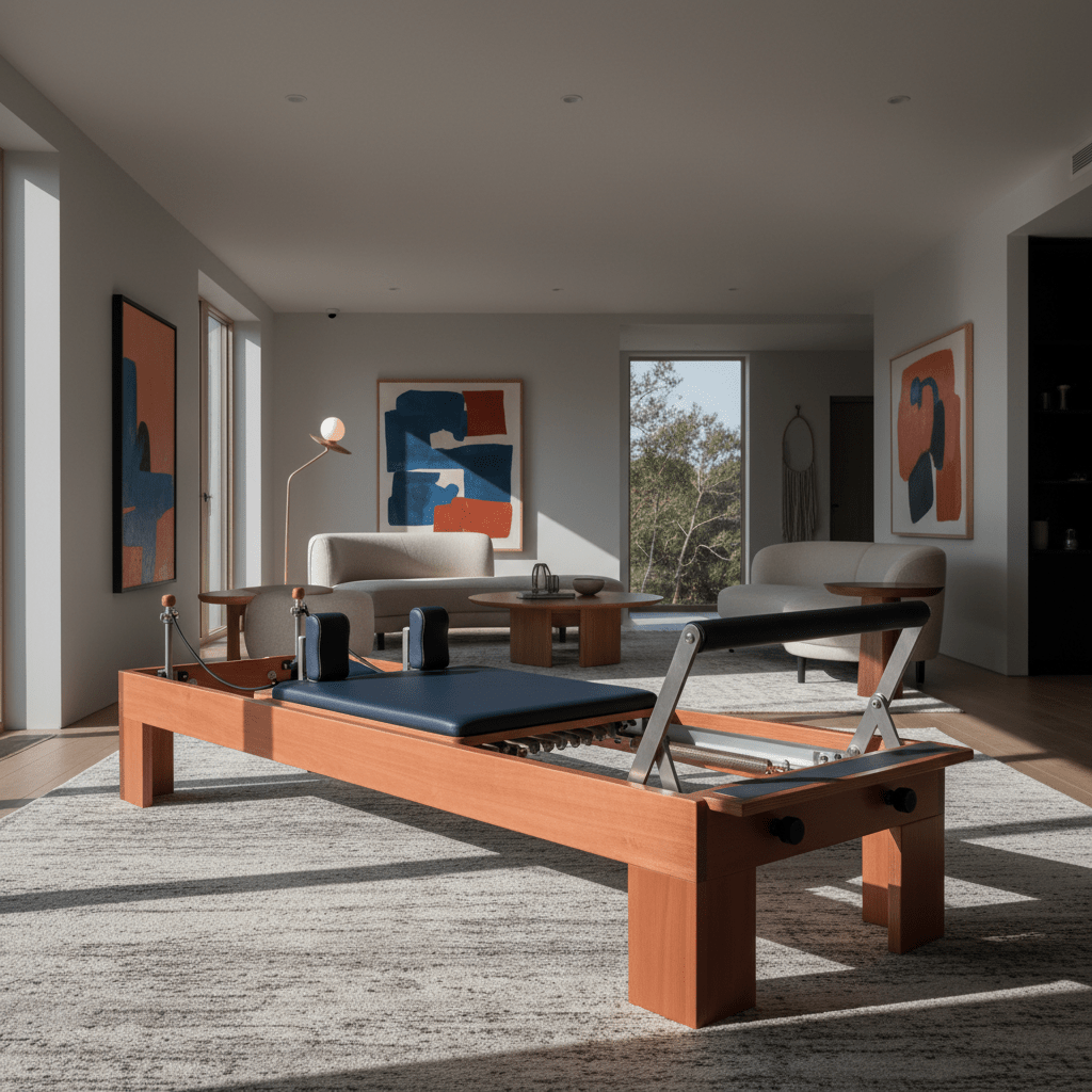 Deep navy leather pilates reformer in a modern living room with terracotta frame.