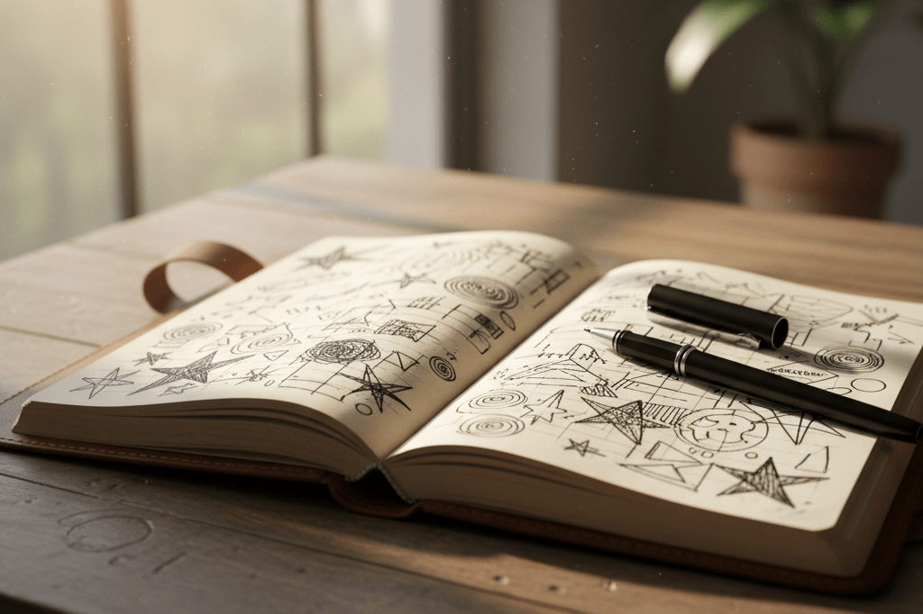 Open notebook with scribbled notes and sketches lit by warm natural light, suggesting creativity and interpretive engagement
