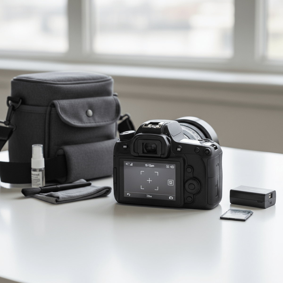 Budget DSLR camera with zoom lens and accessories on a white studio table.