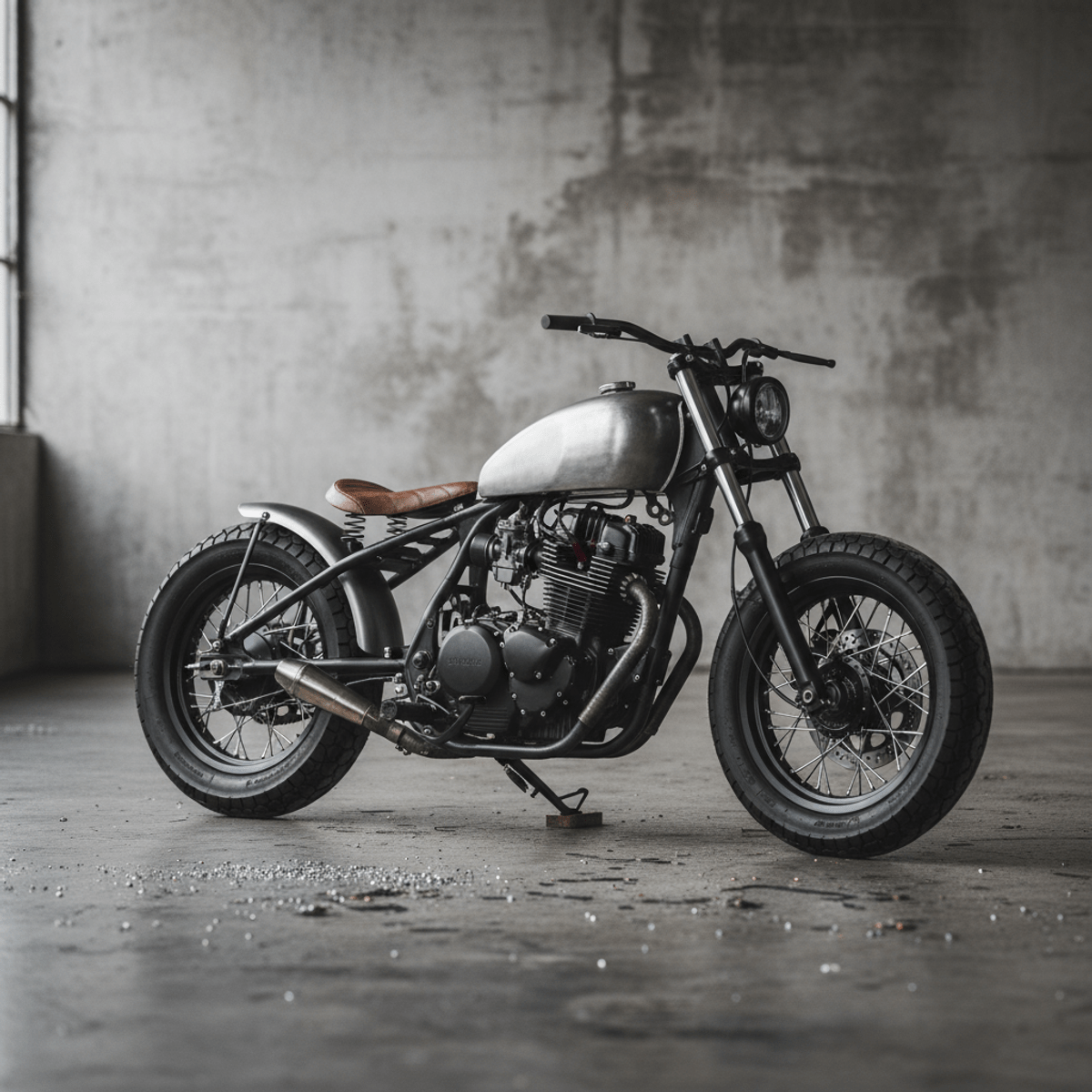 Minimalist 2026 bobber motorcycle with raw metal fuel tank Stripped-down 2026 bobber motorcycle with solo leather seat and raw metal tank.