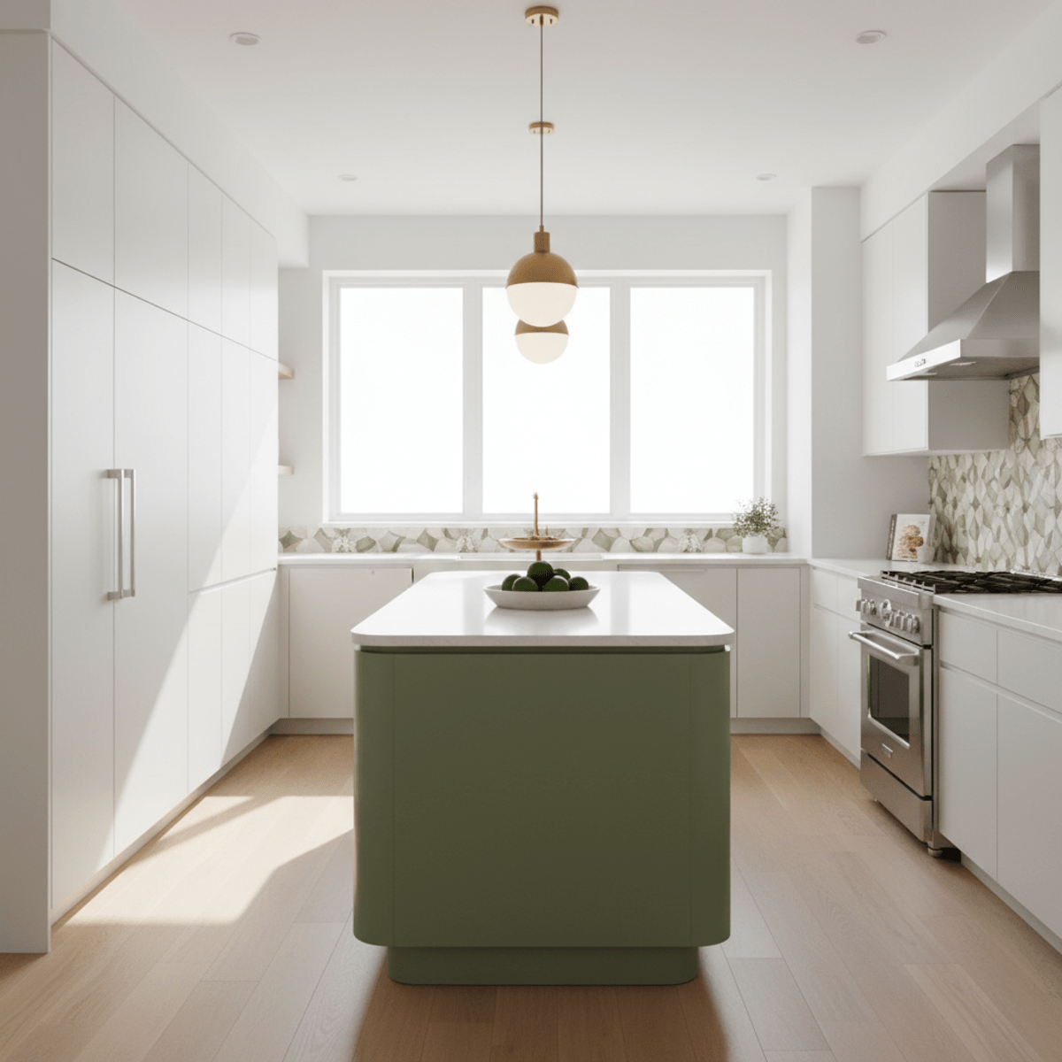 Sleek contemporary kitchen with matte white cabinets and avocado green island.