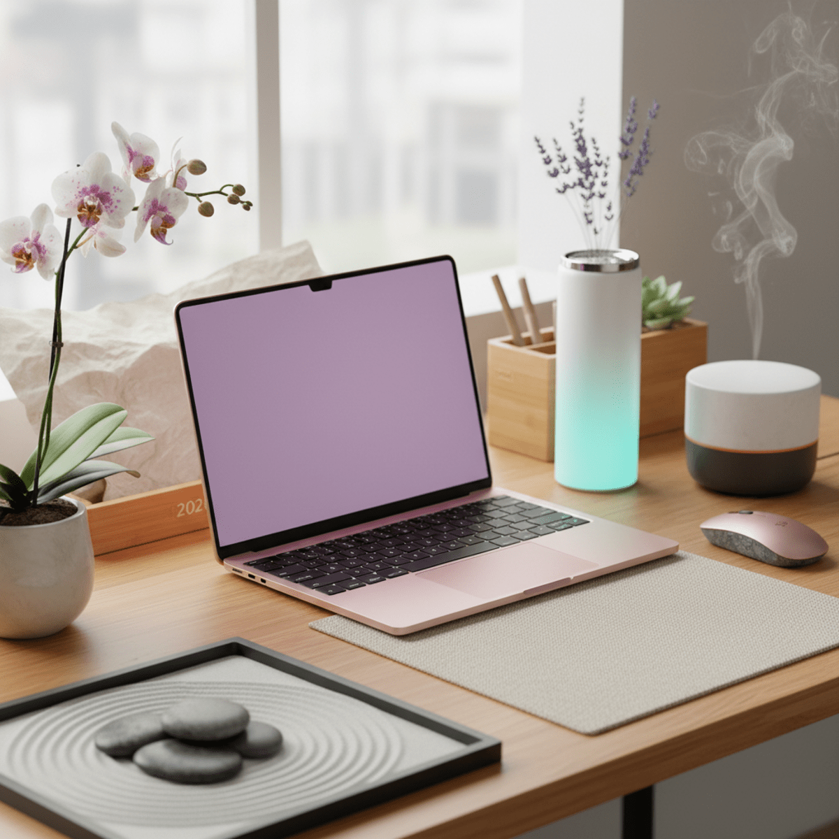 Pink laptop in digital lavender finish on bamboo desk with wellness accessories.