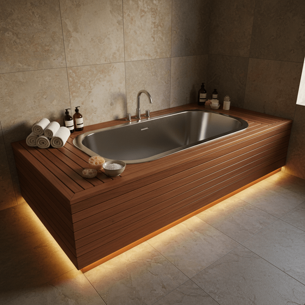 Contemporary bathroom with teak wood deck, stainless steel tub, and stone tiles.