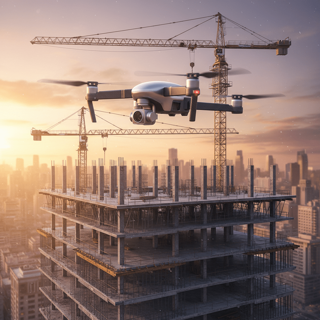 Mini drone captures aerial construction site progress with steel framework and cranes.